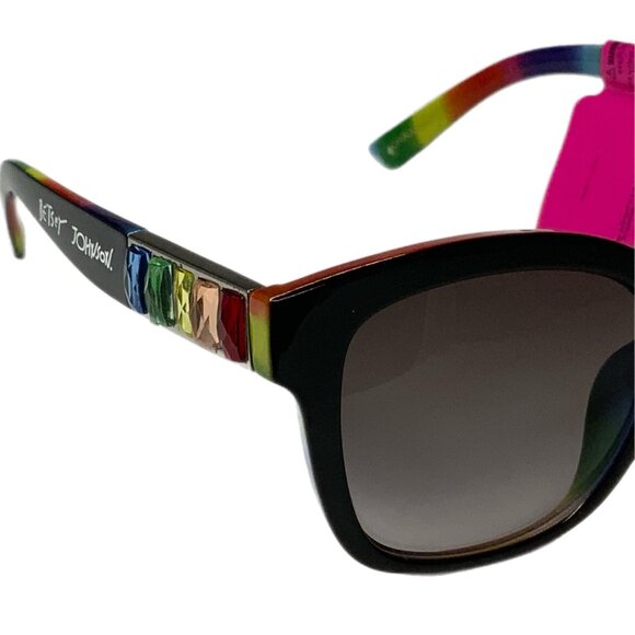 NWT Betsey Johnson Square Thick Black Rainbow Jeweled Rhinestone Sunglasses - Picture 8 of 16